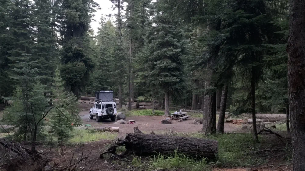 Perentie 110 at a forest campsite in the Pacific Northwest