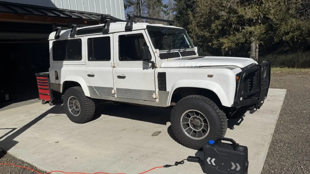 Three-quarter view of the Perentie 110 in the garage